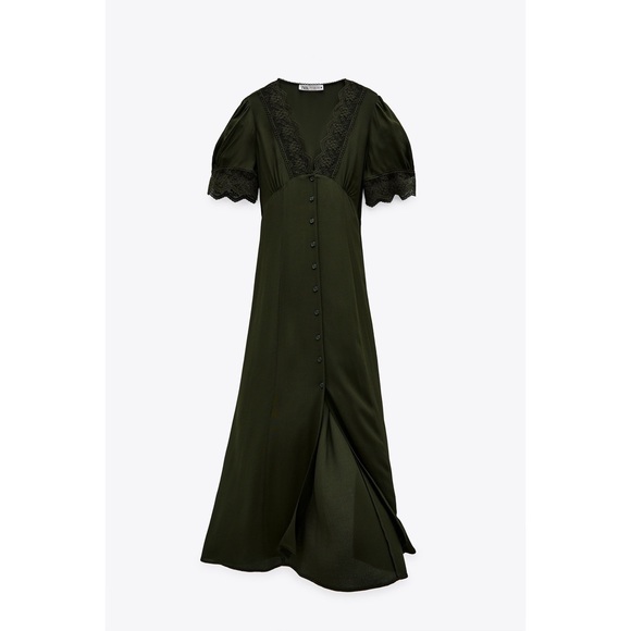 Zara Blogger’s Favorite Olive Green Vintage Lace V-Neck Button Down Midi Dress - Picture 9 of 16